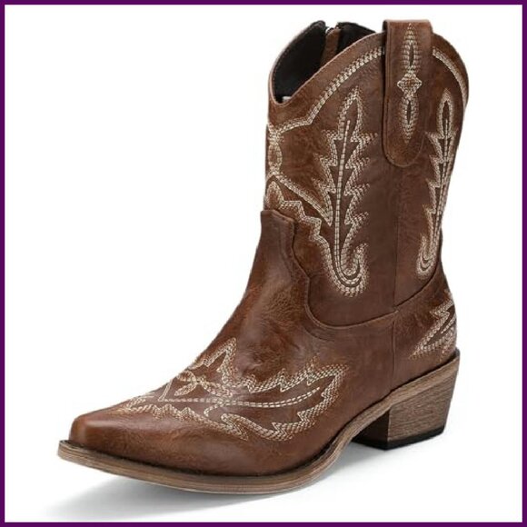 Women's Western Ankle Boots Rhinestone Embroidery Chunky Heel PU Leather - Picture 2 of 8